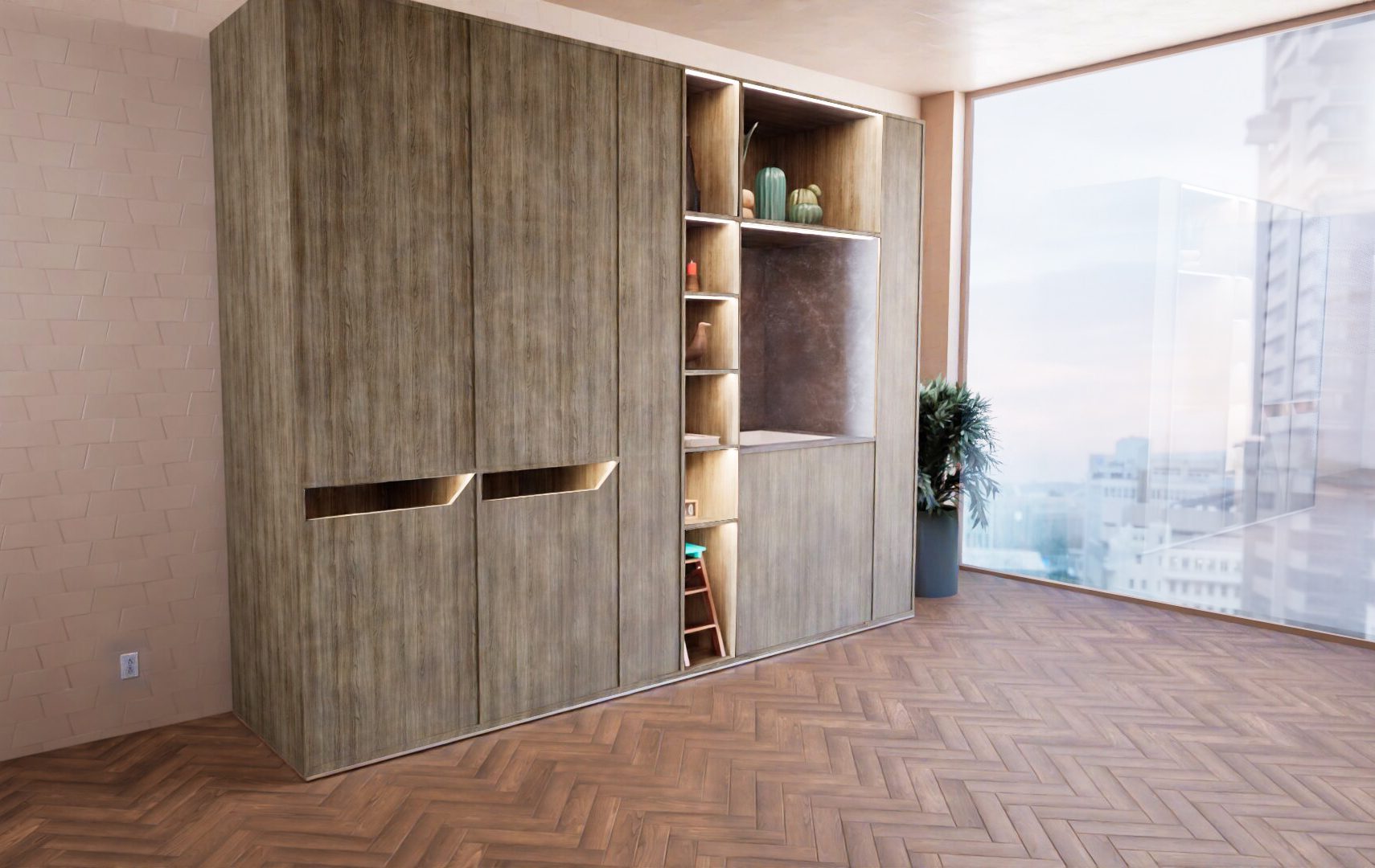 A modern wooden wall unit with cabinets, shelves displaying small plants and decor, next to a large window overlooking a cityscape.