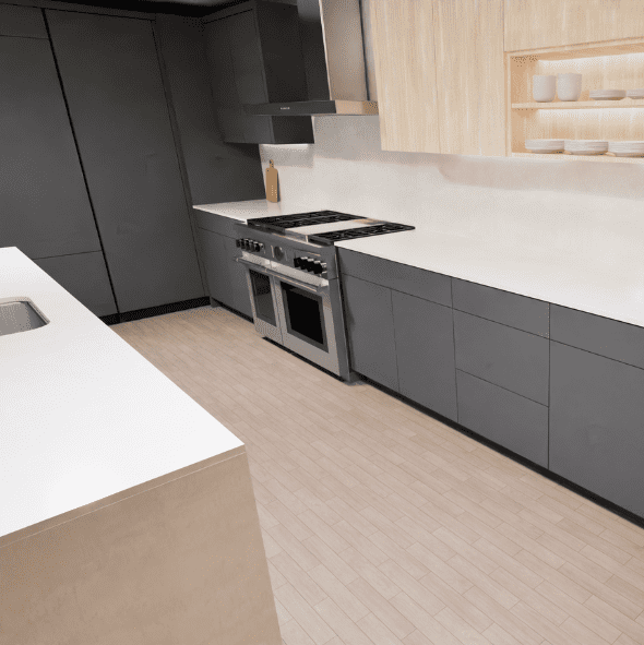 Modern kitchen with dark lower cabinets, light wood upper shelves, a gas stove, toaster, coffee maker, and a white countertop.