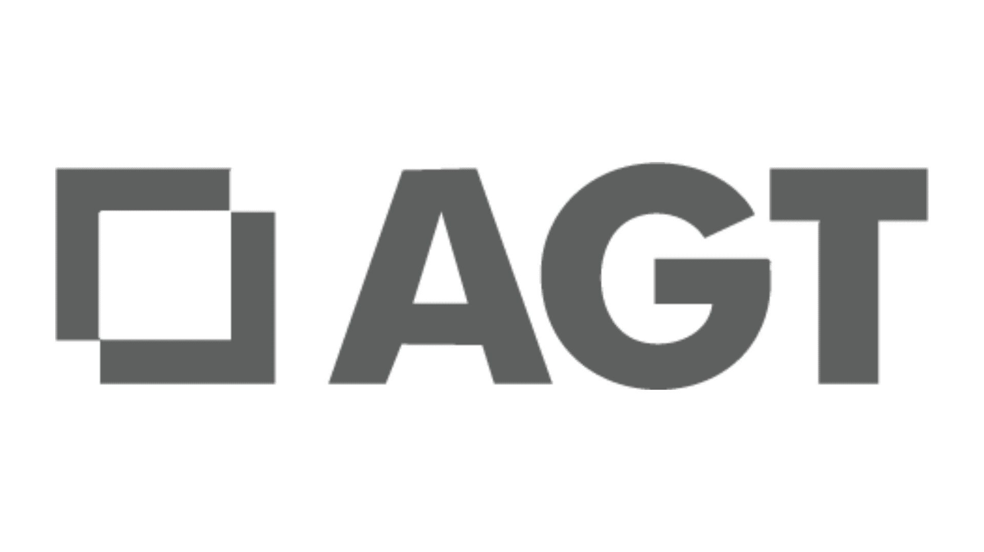 A dark gray logo with a square outline to the left of the bold letters "AGT" on a transparent background.