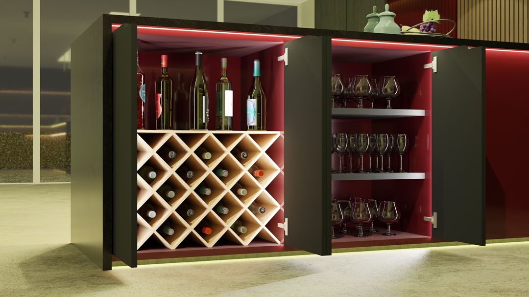 Modern kitchen cabinet with two open doors; left side displays a wine rack with bottles, right side shows shelves with multiple wine glasses, all illuminated by interior lights.